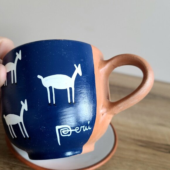 Peru red clay handmade hand painted tea/coffee cup with saucer. - Picture 2 of 6